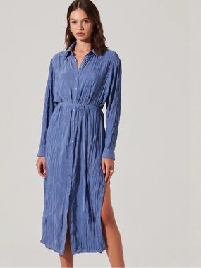 Astr Blue Crinkled Button-Front Midi Dress